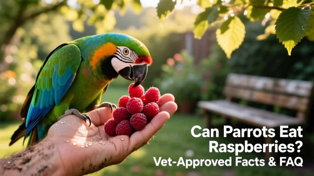 A hand offering fresh raspberries to a macaw on an open palm
