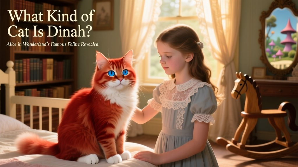 Illustration of Dinah as a fluffy red kitten with blue eyes, sitting calmly beside young Alice