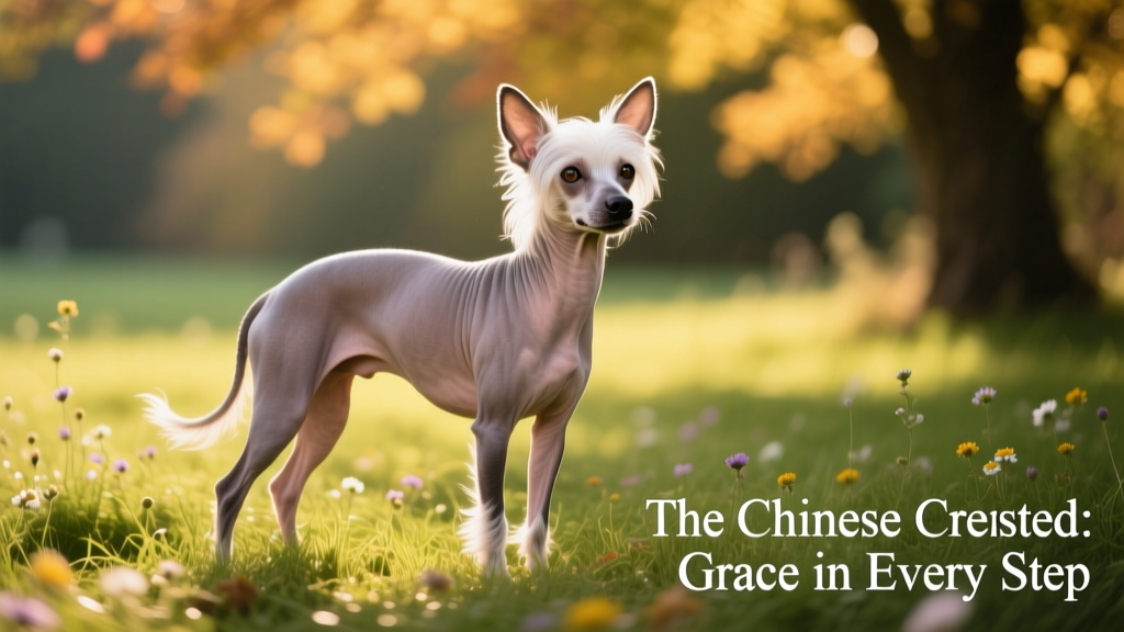 Chinese Crested dog stands on grass