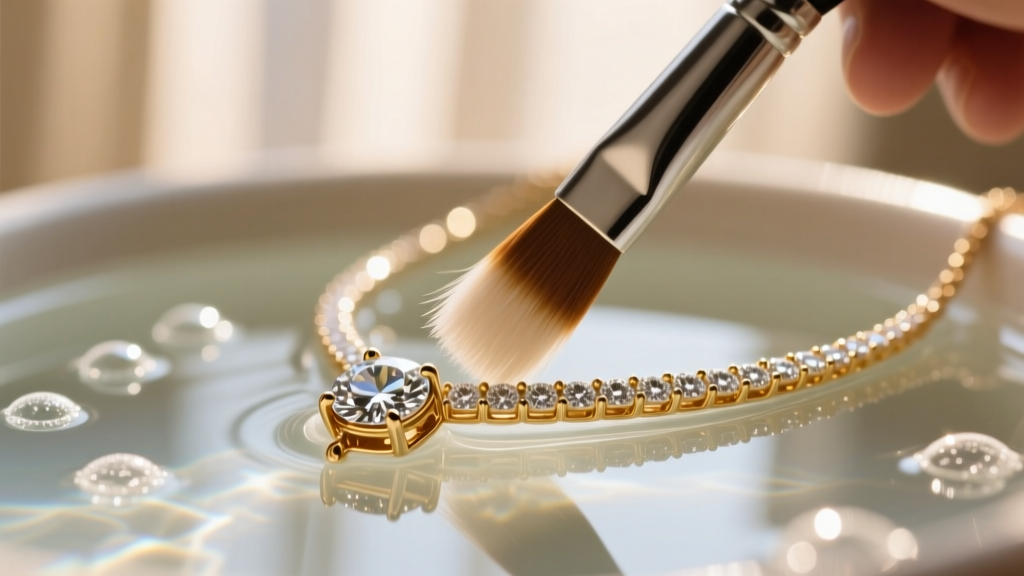 Close-up of a soft brush cleaning the under-gallery of a diamond pendant necklace submerged in a mild soapy cleaning solution