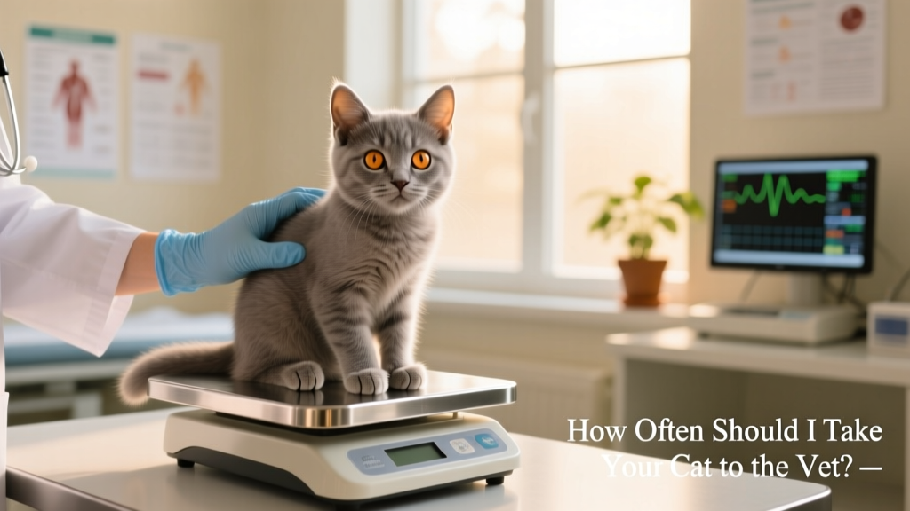 A curious kitten sitting calmly on a veterinary scale during a wellness exam