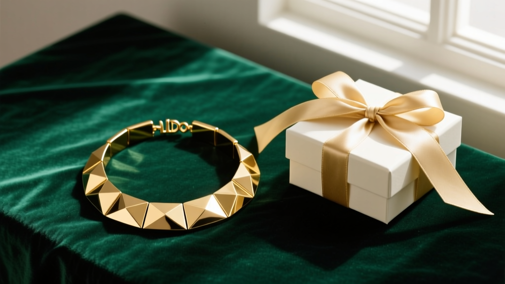 Flat lay of a chunky gold-plated Aldo statement necklace on dark emerald velvet next to a wrapped gift box with a silk ribbon
