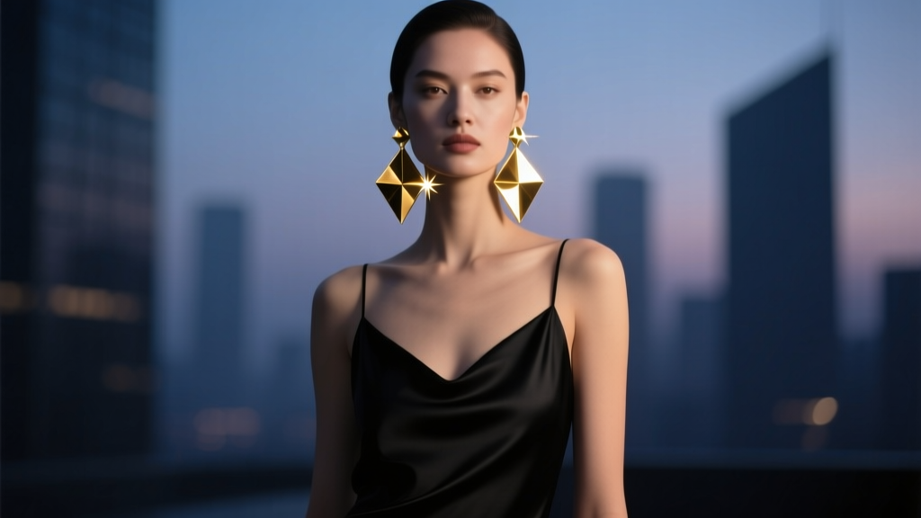 Woman in a black slip dress wearing oversized hammered gold geometric statement drop earrings under dim, moody evening lighting.