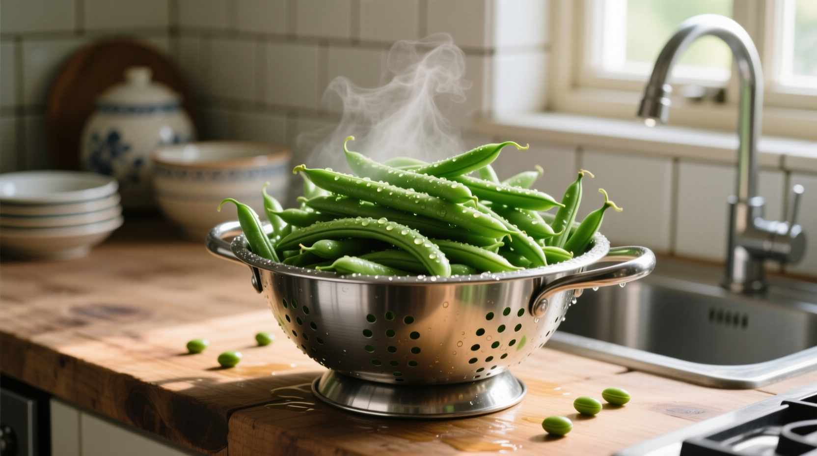 Fresh green beans in a colander after cooking