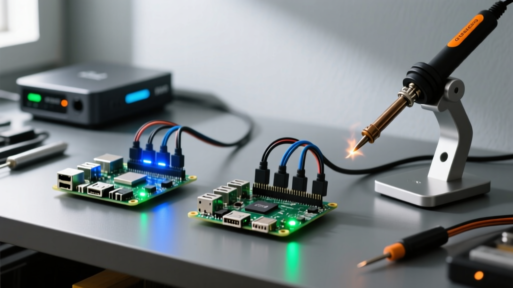 Workbench with Raspberry Pi 5 and Orange Pi 5 connected to 4G LTE HATs, glowing status LEDs, and a soldering iron nearby.