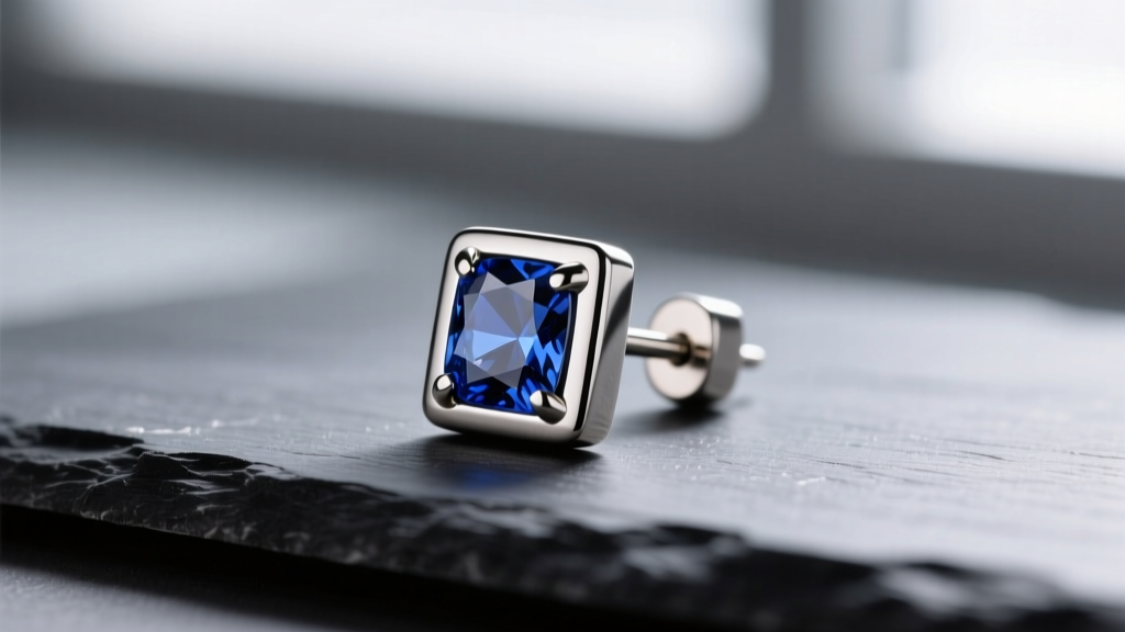 Close-up of a high-quality 16-gauge titanium threadless flat earring with a bezel-set sapphire, resting on a dark slate surface.