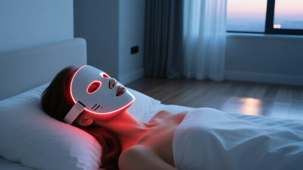Woman wearing a white 7-color LED photon therapy face mask in a dimly lit bedroom with the mask emitting a soft red glow across her cheeks