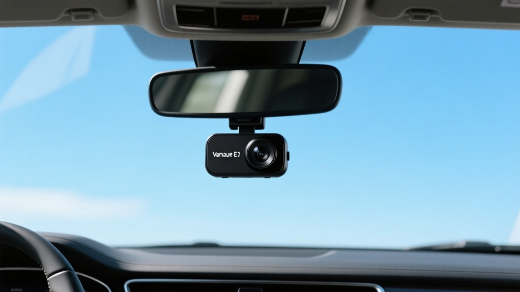 View from inside a car showing a tiny black Vantrue E1 dash cam mounted discreetly behind the rearview mirror against a bright daytime sky