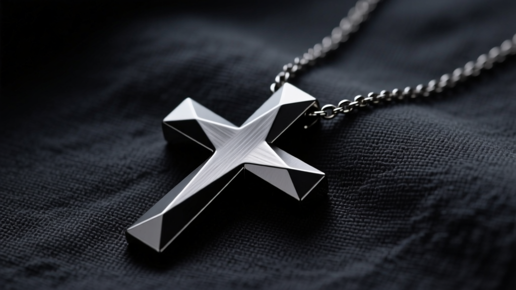 Close-up of a matte black titanium slanted cross necklace on dark linen, highlighting sharp diagonal angles and brushed finish