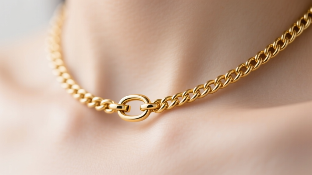 Macro shot of a 14k gold rope necklace on a collarbone, highlighting the small lobster clasp sliding forward to the front center