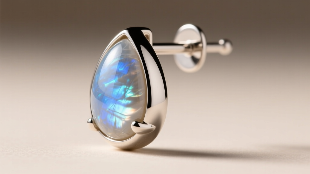 Side profile of a 20-gauge sterling silver moonstone drop earring, showing the secure bezel wall thickness and smooth post