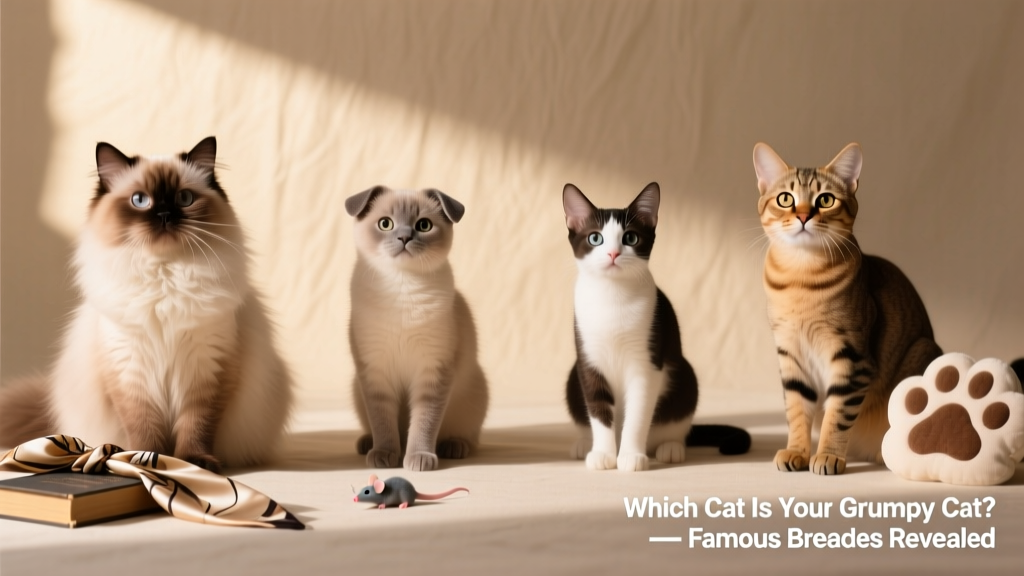Side-by-side comparison of four cat breeds: Persian, Scottish Fold, Munchkin, and Exotic Shorthair, each posed calmly on a neutral background