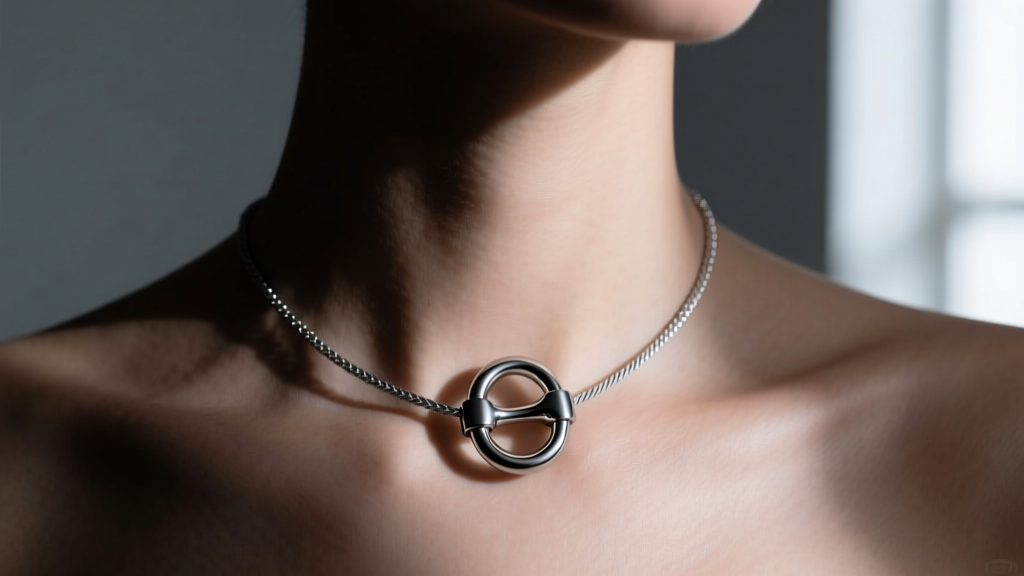 Close-up of a titanium nipple clamp necklace with a delicate cable chain resting against collarbones in moody studio lighting