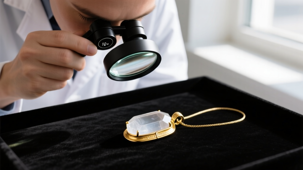 Gemologist examining a gold in quartz pendant under a 10x loupe, revealing a thin layer of clear epoxy glue along the gold edge.