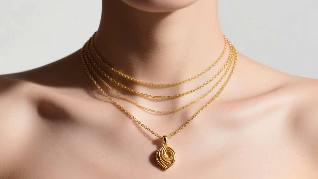 Collarbone showing a layered 16-inch and 18-inch SAQ gold vermeil necklace, demonstrating a perfect pendant stagger and fit.