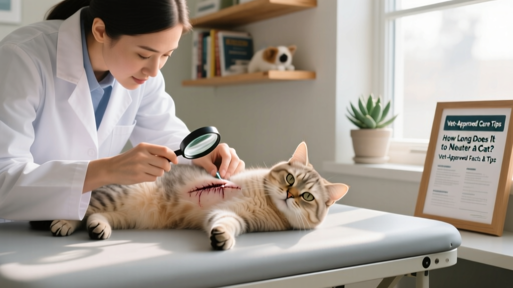 A veterinarian gently examining a cat’s surgical site during a post-op checkup