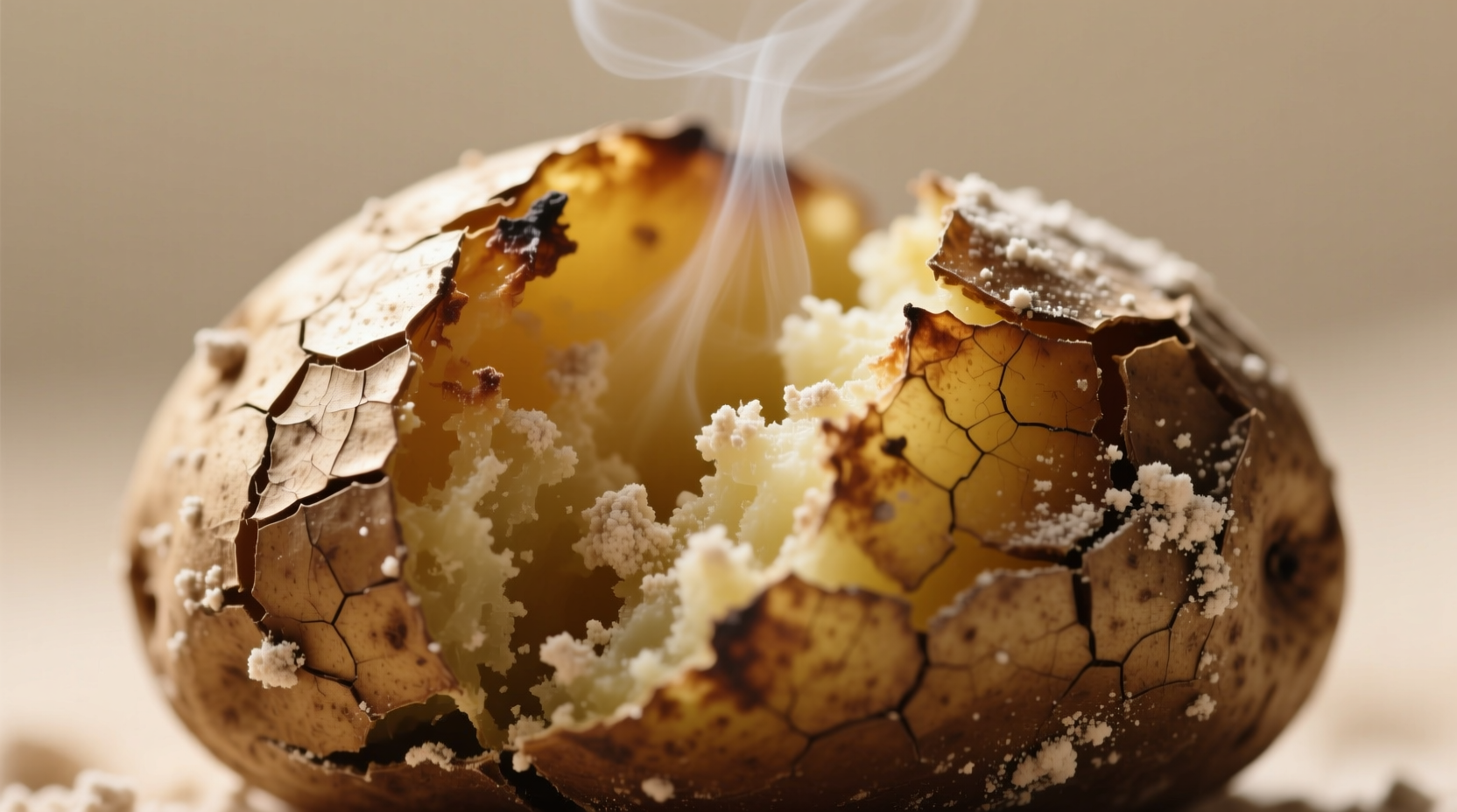 Overcooked baked potato showing dry, crumbly texture