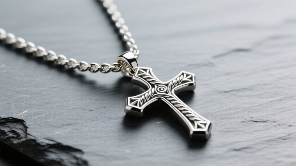 Silver twisted cross necklace on slate, soft lighting highlighting the intricate rope chain texture and detailed pendant crevices.