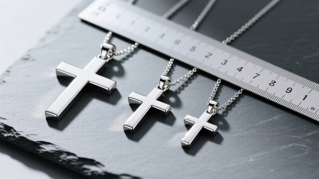 Flat lay photography showing three different sizes of sterling silver mens cross pendants next to a ruler on a slate gray surface.