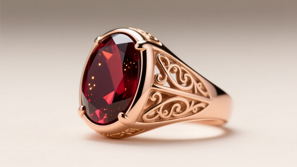 Side profile of a vintage-inspired 18k rose gold signet ring featuring an oval bloodstone with bright red hematite inclusions