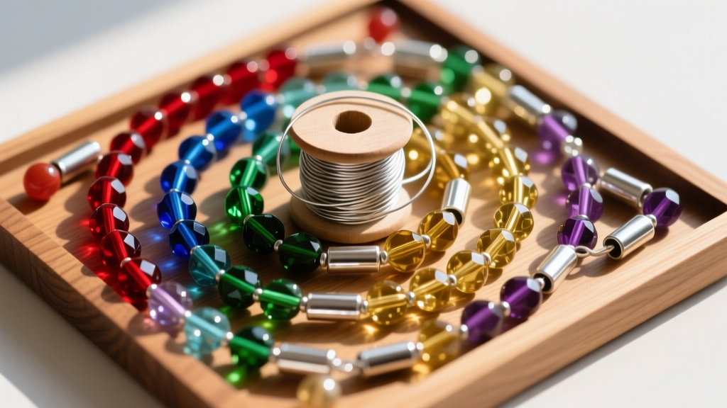 Overhead shot of a wooden bead board filled with vibrant Czech glass beads, silver crimp tubes, and a spool of 49-strand wire