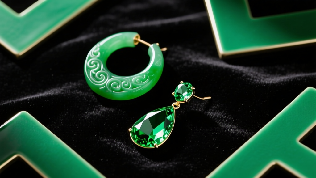 Flat lay of big green earrings on dark velvet: carved jade hoops, faceted peridot drops, and vivid green enamel geometric shapes.