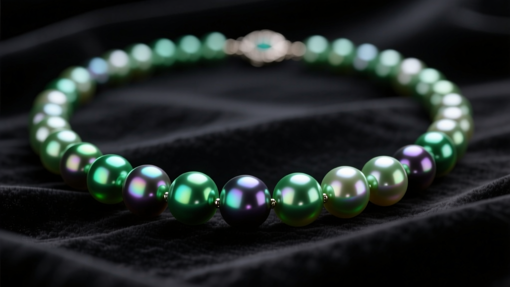 Close-up of a matched Tahitian peacock pearl necklace displaying vibrant green and aubergine overtones against dark velvet.