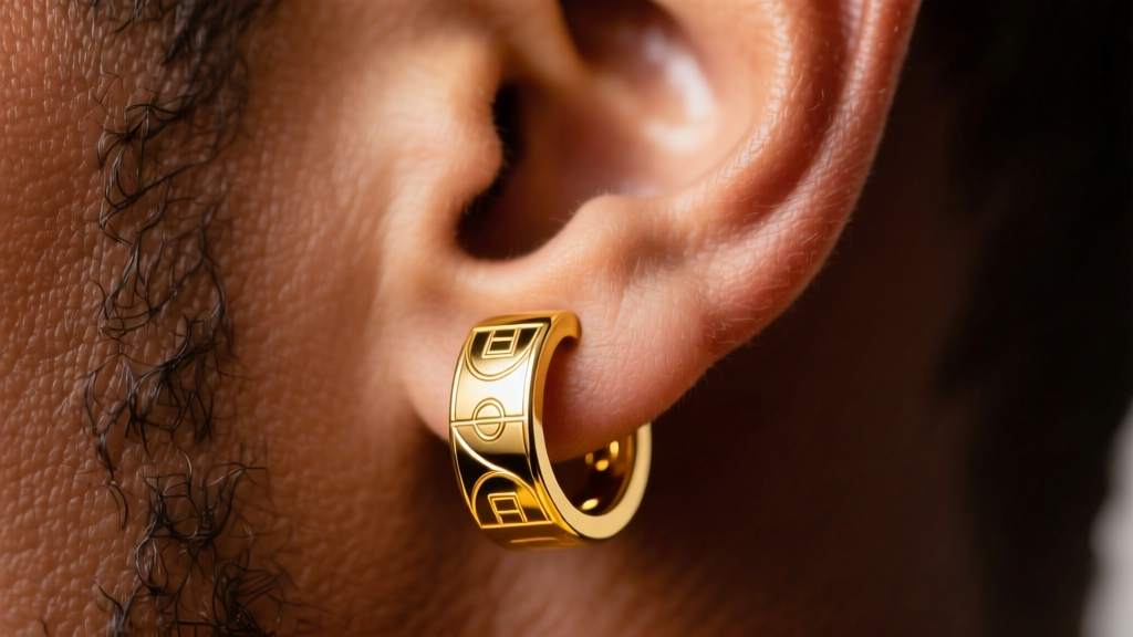 Close-up of a 20mm 18k yellow gold hoop earring on a male earlobe, evoking 90s basketball nostalgia with soft studio lighting.
