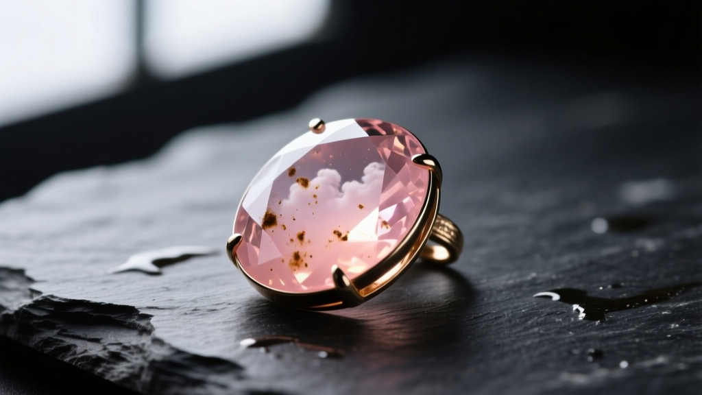 Close-up of a cloudy, grease-smudged peach morganite pendant on dark slate, highlighting the gemstone's severe loss of brilliance.