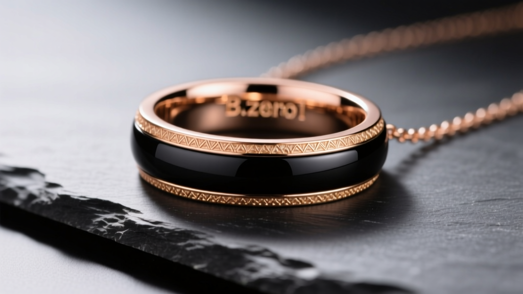 Macro shot of a B.zero1 18k rose gold and black ceramic one-band necklace pendant resting on dark slate under studio lighting.