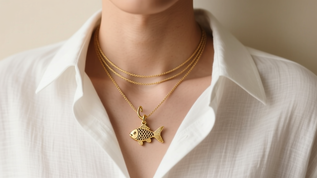 Person wearing a layered stack with a small gold fish hook pendant on an 18-inch rope chain over a crisp white linen shirt collar