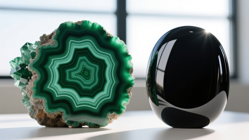 Macro view comparing the banded structure of natural malachite against the smooth, glass-like finish of polished black onyx.