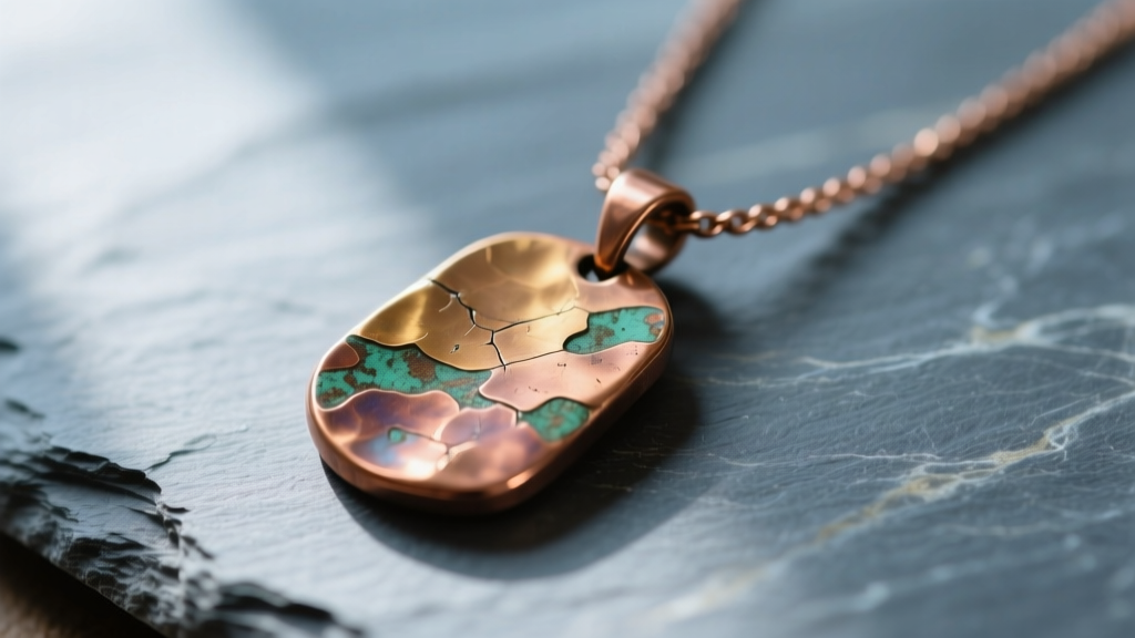 Close-up of a hand-hammered pure copper pendant necklace on slate, showing natural oxidation patterns and warm metallic tones.