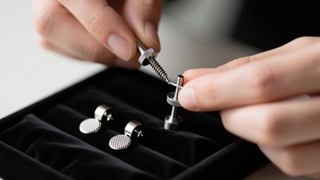 Hands assembling a modular earring kit, attaching a 16-gauge titanium threadless end to a labret post on a dark velvet display