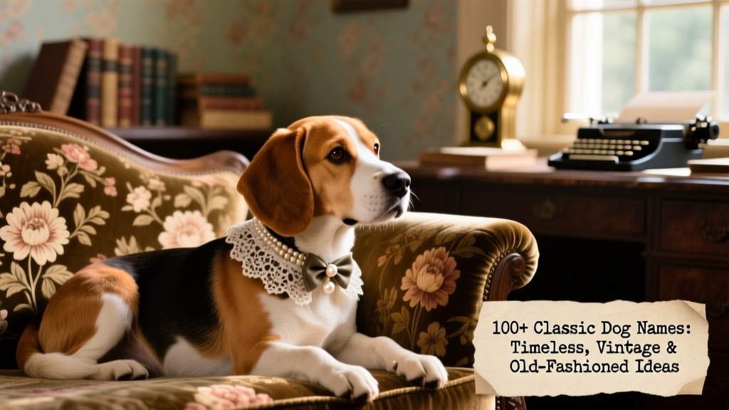 A gentle beagle resting on a floral-patterned sofa with a lace collar and pearl hair bow