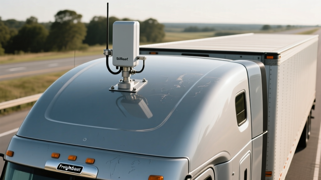 Exterior roof mount of a weBoost cellular signal booster antenna secured to the fiberglass roof fairing of a long-haul freightliner truck