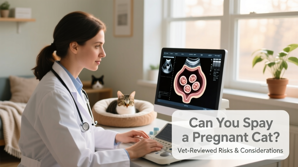 Veterinarian reviewing ultrasound images of a pregnant cat's uterus with clear fetal sacs visible