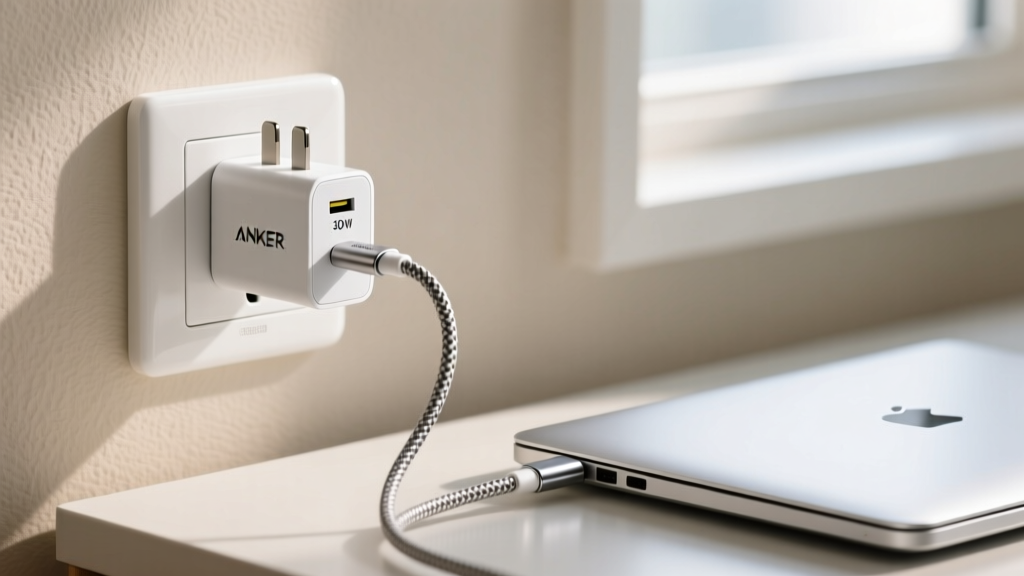 Anker Nano 30W GaN charger with folded prongs plugged into a white wall outlet charging a silver laptop via a braided USB-C cable
