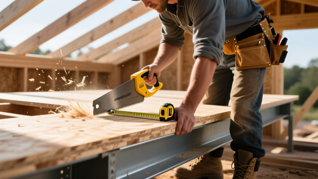 Carpenter measuring and cutting thick oriented strand board panels for roof decking on a residential timber frame structure