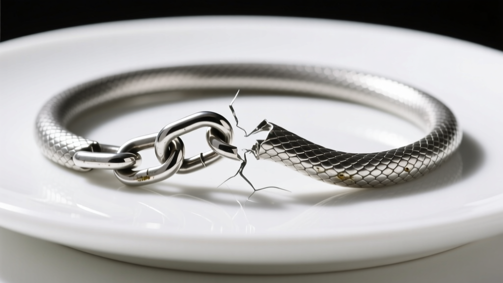 Kinked sterling silver snake chain on white ceramic, showing the exact failure point where tight cupped links bent under stress.