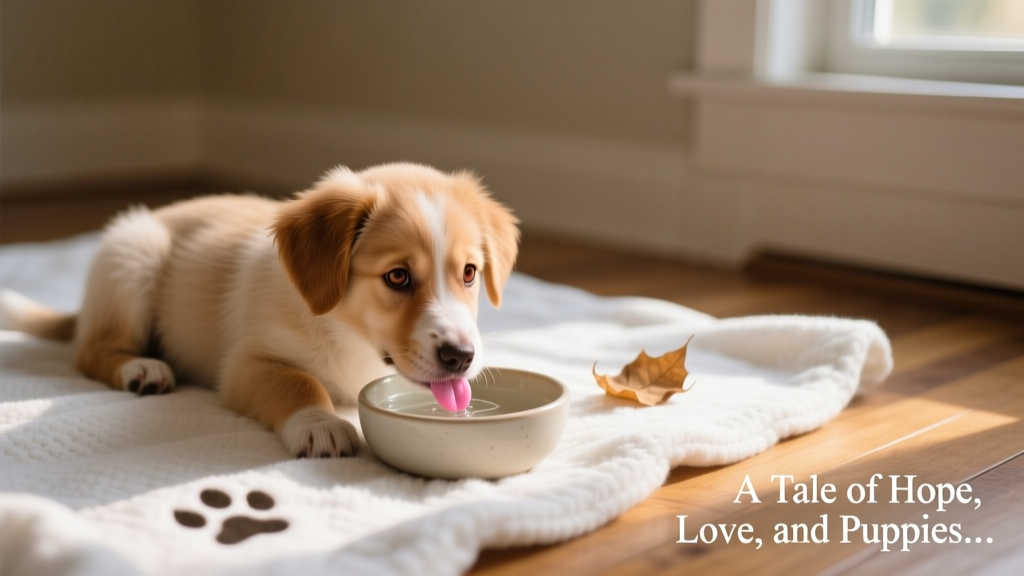 Holly resting calmly on a clean, cozy blanket indoors, gently drinking from a shallow water bowl