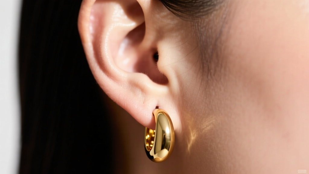 Close up of an earlobe stretched by a heavy gold drop earring, showing tension on the piercing hole under soft studio lighting