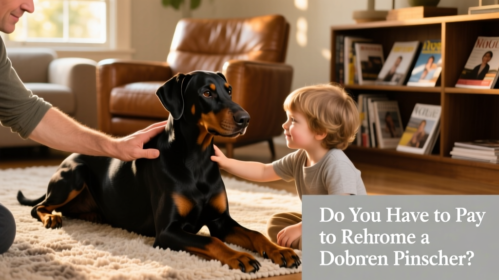 Two hands—one belonging to an adult, the other to a child—gently petting a gentle-looking Doberman Pinscher on a living room rug