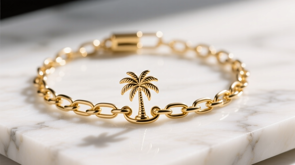 Close-up of a sparkling 14k gold-filled paperclip chain bracelet with a small palm tree charm resting on sunlit white marble.