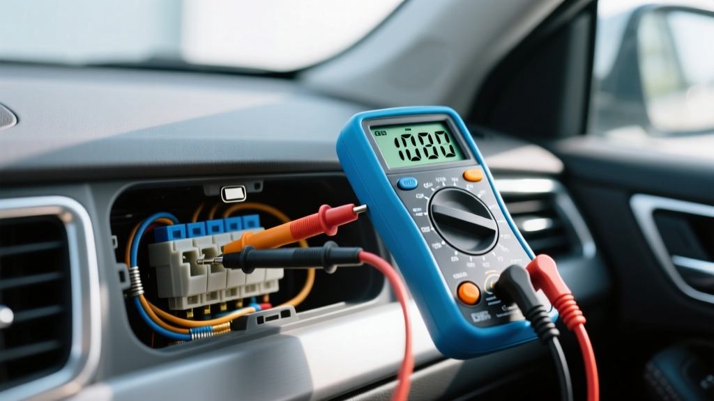 Close-up of a digital multimeter probing a car fuse box to test voltage for a USB C car gadget hardwire installation setup.