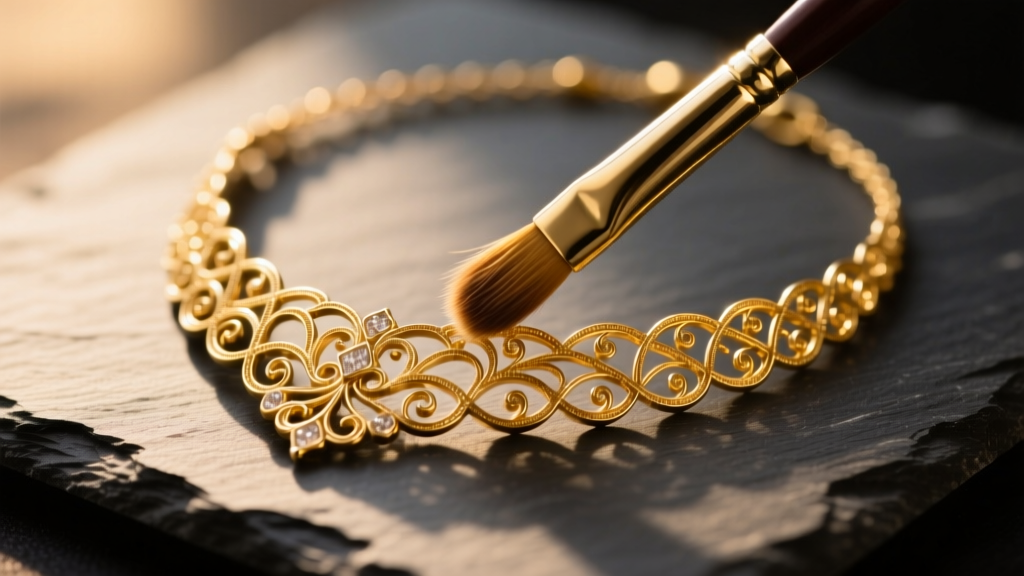 Soft-bristled brush gently cleaning an intricate gold filigree necklace resting on a dark slate surface, warm directional lighting