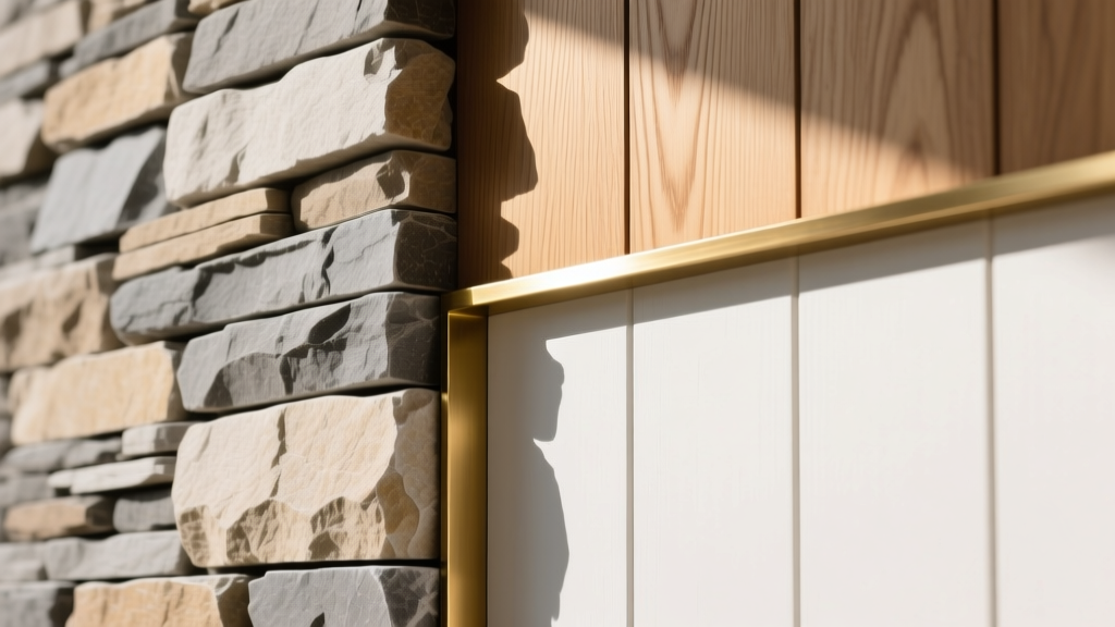 Close-up of thick stacked stone veneer transitioning seamlessly into white oak wood paneling with a custom brass edge profile.