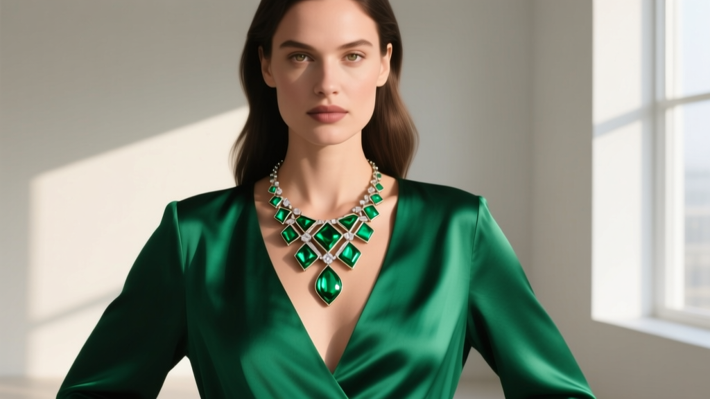 A woman wearing a bold chrysoprase and enamel green statement necklace over a deep V-neck emerald green silk evening blouse.