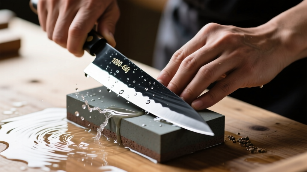 Hands sharpening a Japanese steel knife on a wet 1000-grit King whetstone at a precise 15-degree angle with gentle water splashing