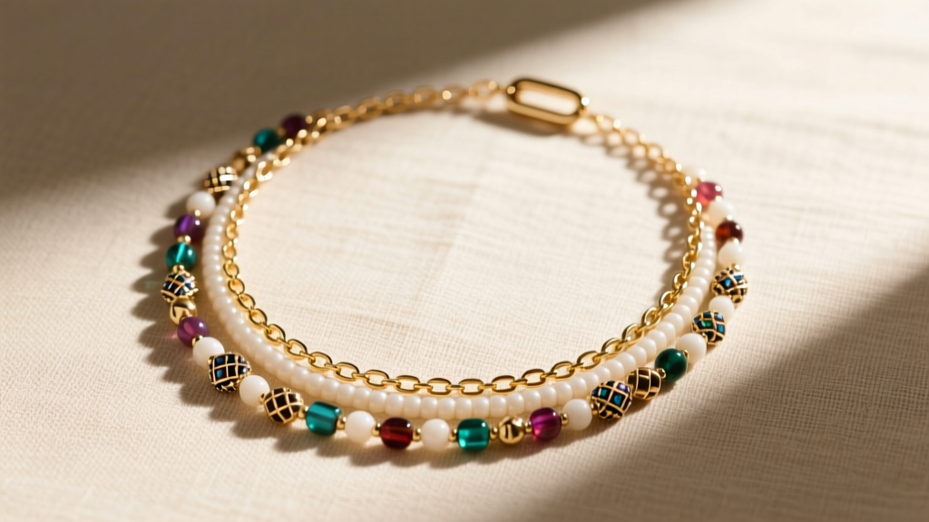Flat lay of a layered necklace made of beads and a 14k gold paperclip chain on a textured linen background in natural sunlight